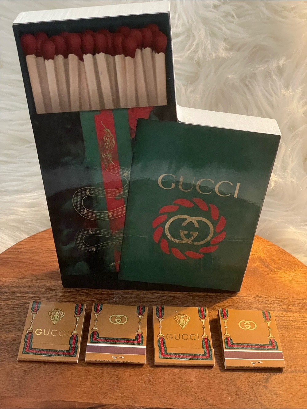 GUCCI Vintage Set of 4 Matchbooks & Wood Display Art